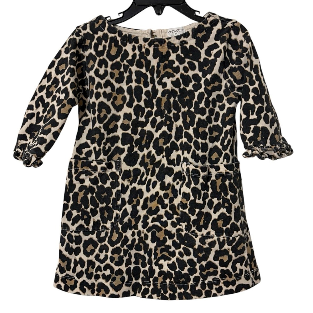 Crewcuts Girls 3 Dress Tan Leopard Print Ruffle Sleeve Pocket Shift Button Back